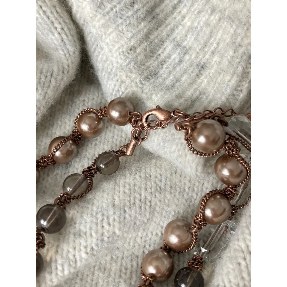Copper Tone Multi Strand Beaded Necklace Faux Pearl Clear‎ Gray Beads Romantic